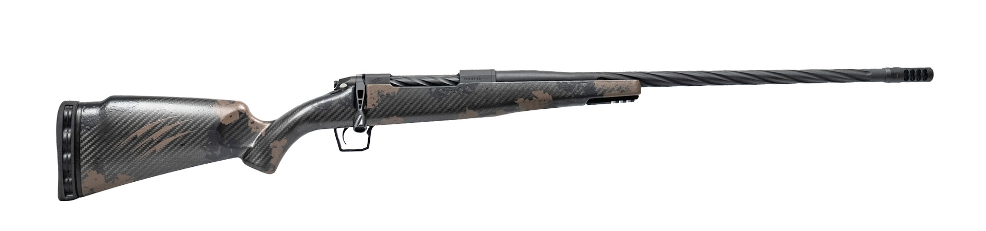 Side view of a modern camouflage hunting rifle.