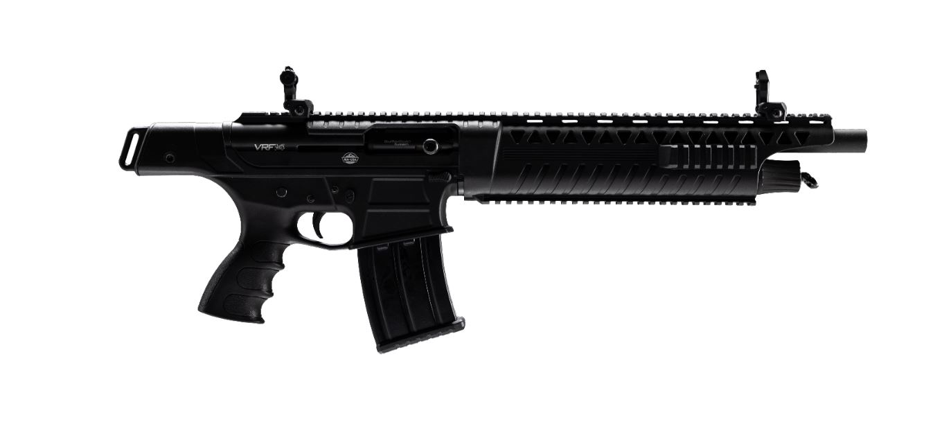 Black rifle displayed on a white background.