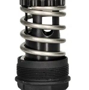 Black metal spring component with threaded base