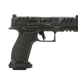 Side view of a black semi-automatic handgun.