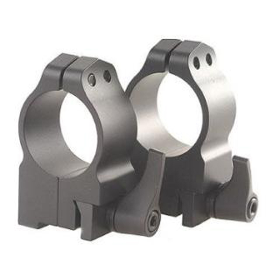 Pair of metal rifle scope rings for mounting.