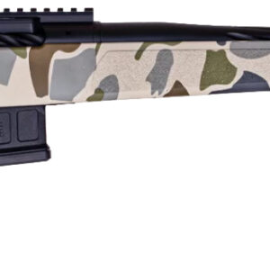 Camouflaged long rifle against a white background.