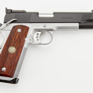 Stainless steel pistol with wooden grip.