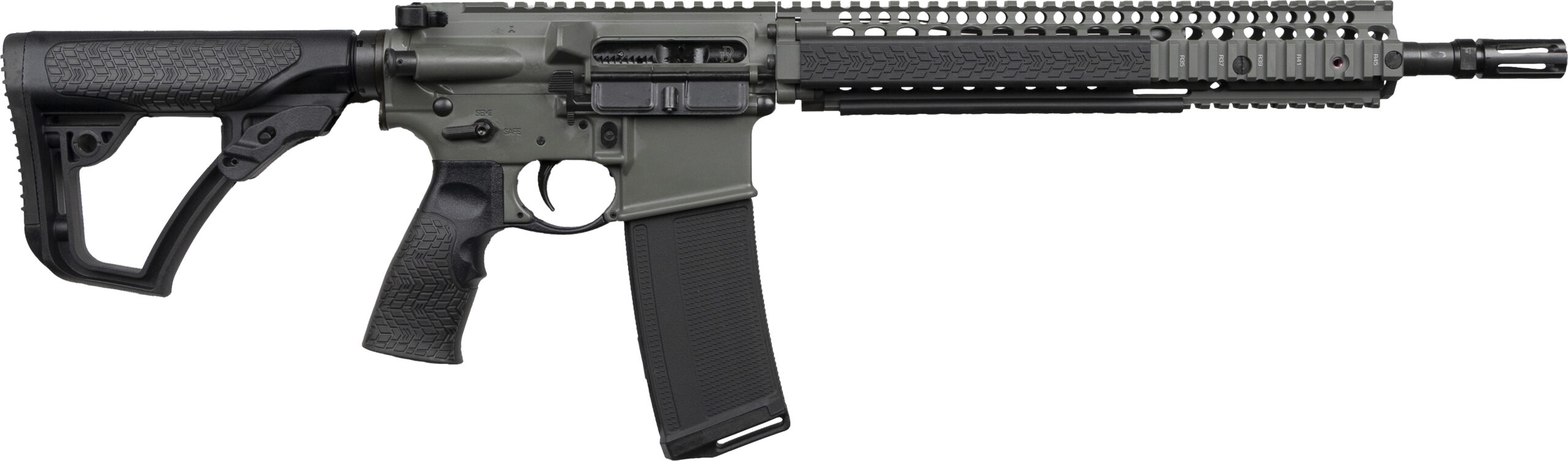 Modern rifle with tactical features and design.