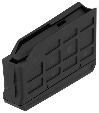 Black magazine component for firearm.