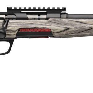 Side view of a modern rifle with wood finish.
