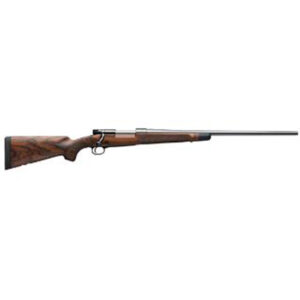 Side view of a wooden bolt-action rifle.