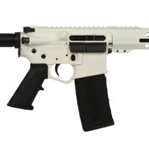 White semi-automatic rifle with black accessories.