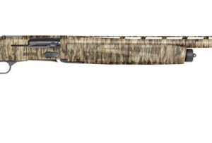 Camouflaged hunting rifle on a white background.