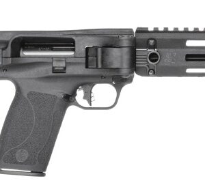 Side view of a sleek black rifle.