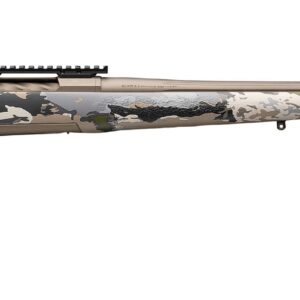 Side view of a camouflaged hunting rifle.