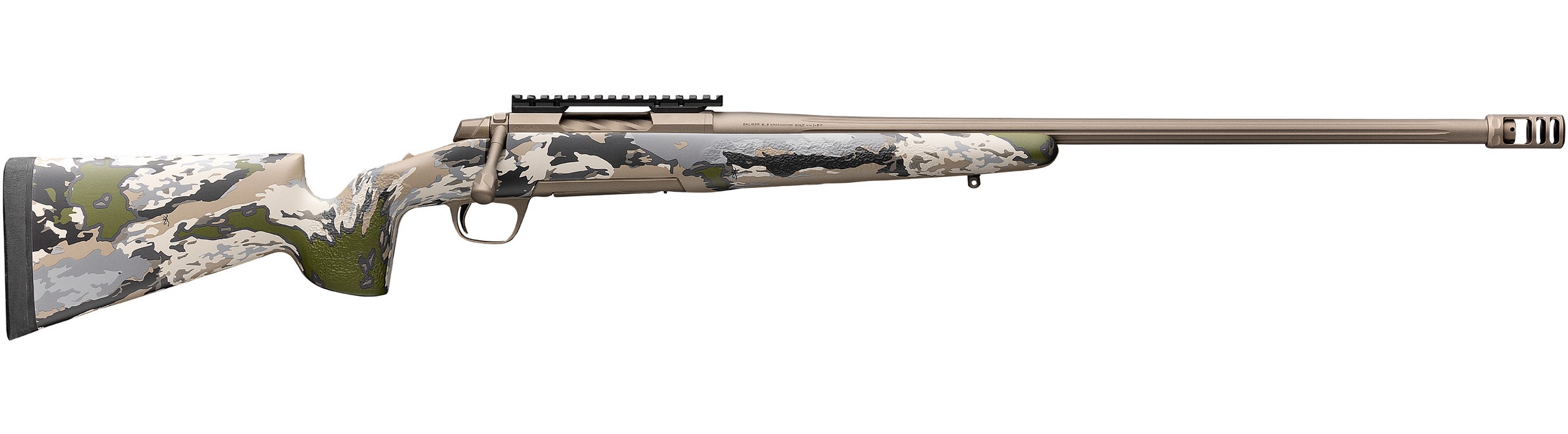 Side view of a camouflaged hunting rifle.