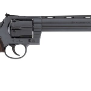 Black revolver with wooden grip on white background.
