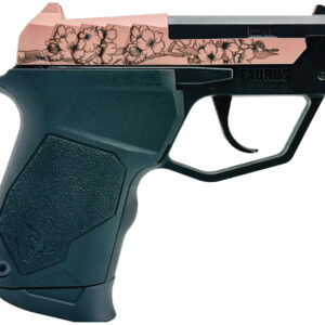Compact firearm with decorative floral design.