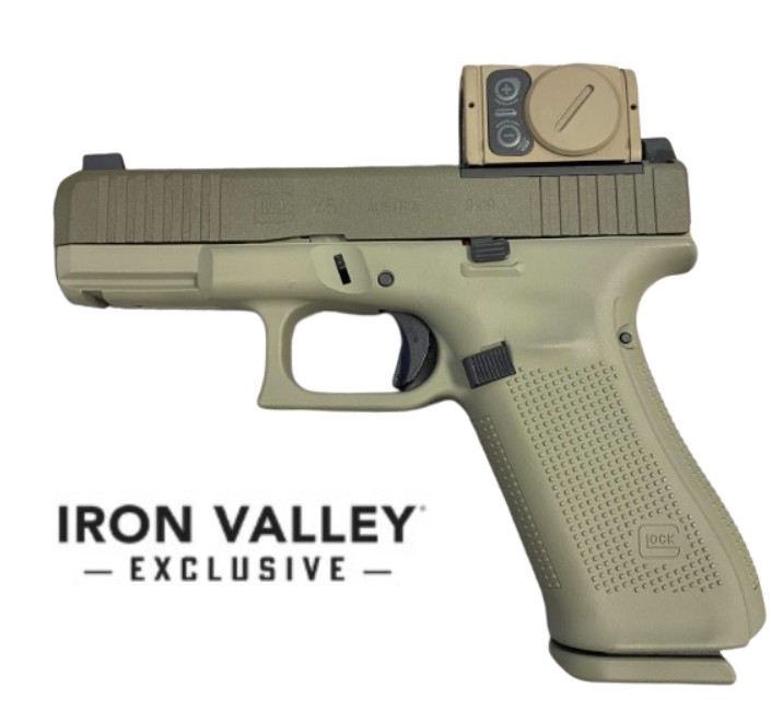 Glock handgun with optic, Iron Valley Exclusive branding.