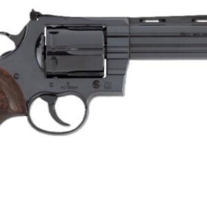 A black revolver with wooden grip.