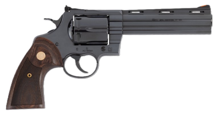 A black revolver with wooden grip.