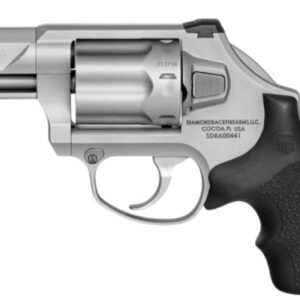 Silver revolver with black grip and orange detail.
