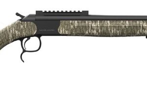 Side view of a camouflage-patterned rifle.