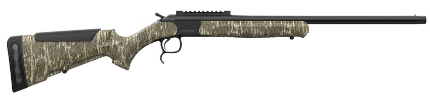 Side view of a camouflage-patterned rifle.