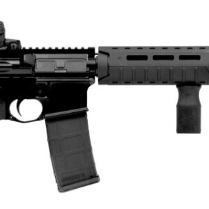 Black semi-automatic rifle on white background.