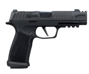 Black semi-automatic handgun on white background.