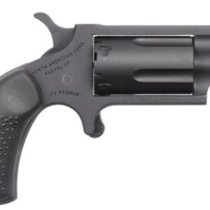 Black revolver with textured grip and open cylinder.