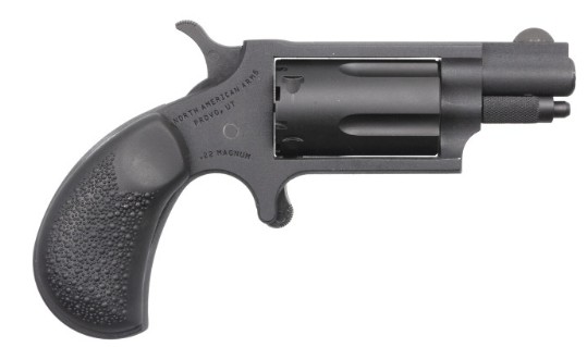 Black revolver with textured grip and open cylinder.