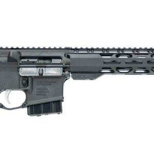 Black semi-automatic rifle displayed on white background.