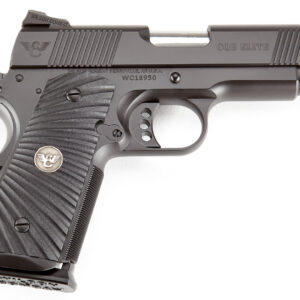 Black handgun with textured grip and markings.