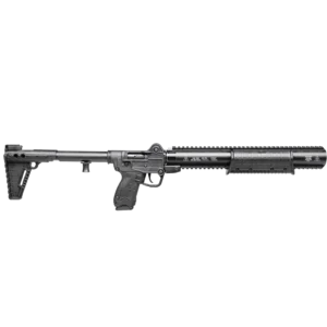 Black modern firearm with tactical features