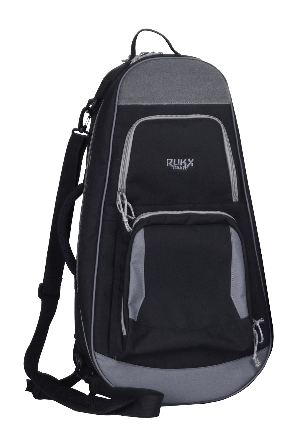 Black and gray sling backpack with multiple pockets.