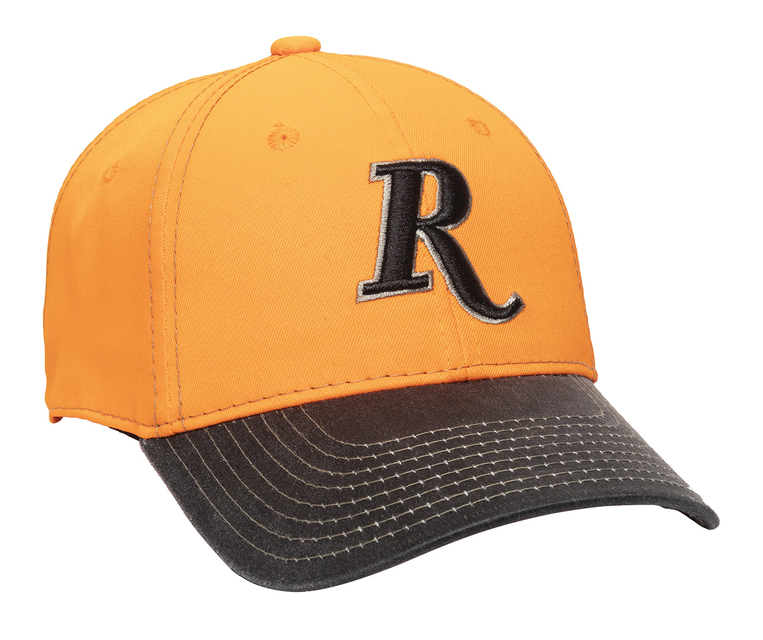 Bright orange cap with black visor and letter R.