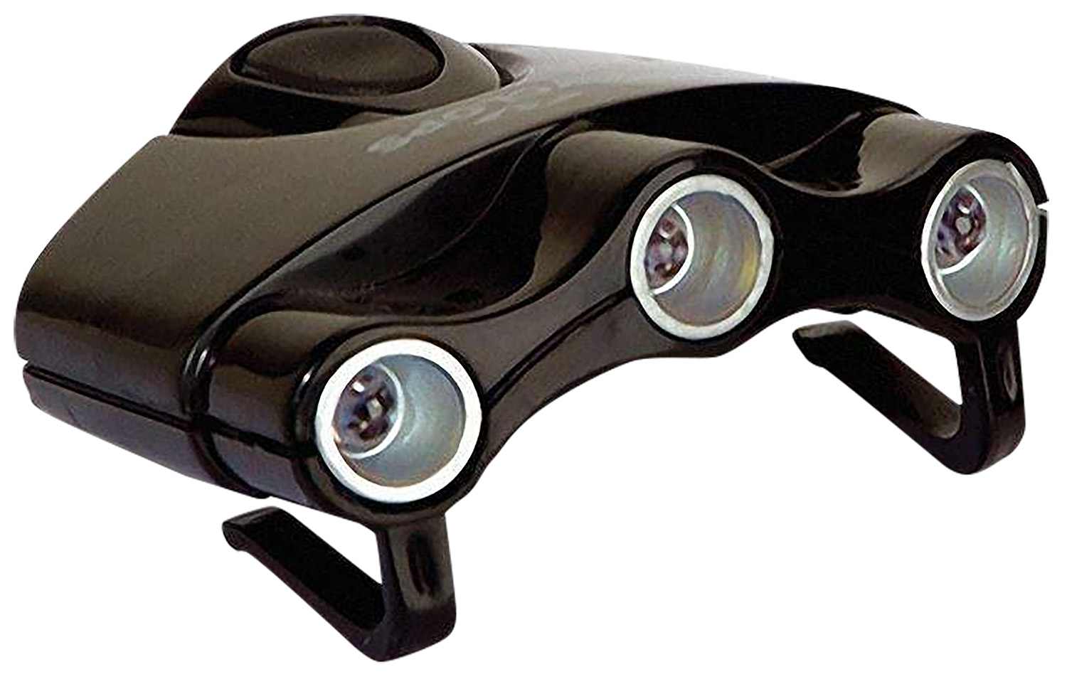 Black clip-on LED headlamp with three lights.