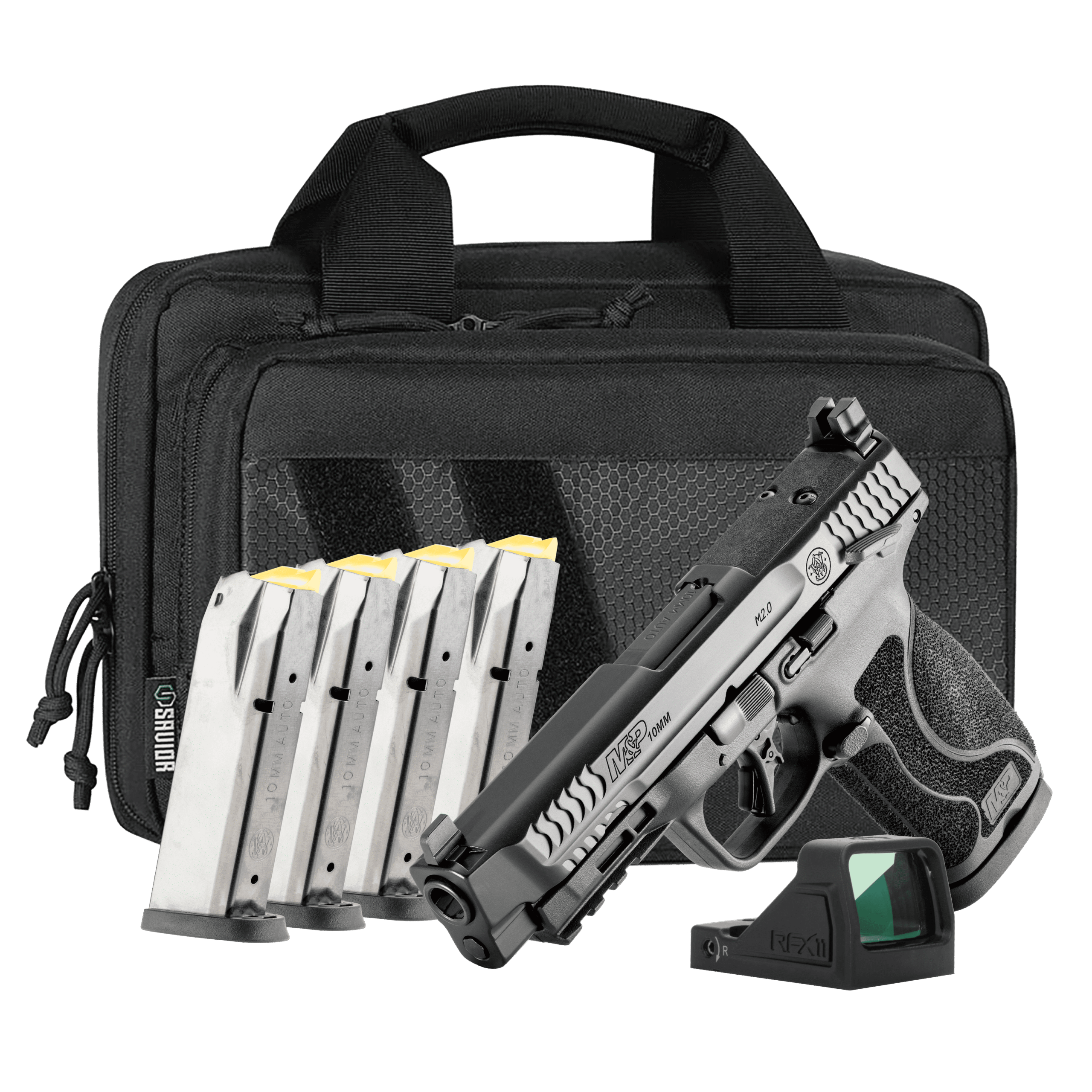 Handgun with magazines and carrying case.