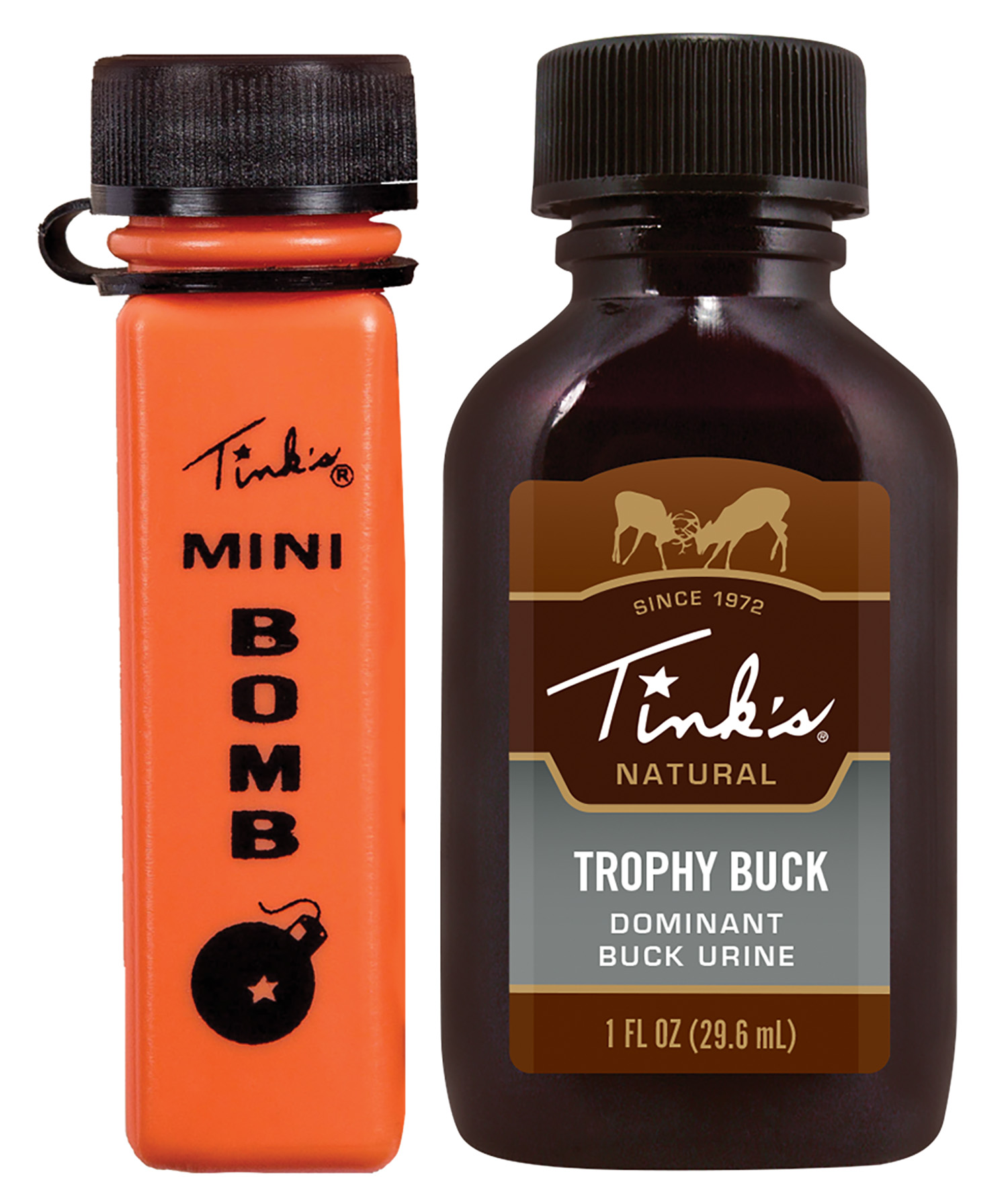 Tink's deer attractant bottles, Mini Bomb and Trophy Buck.