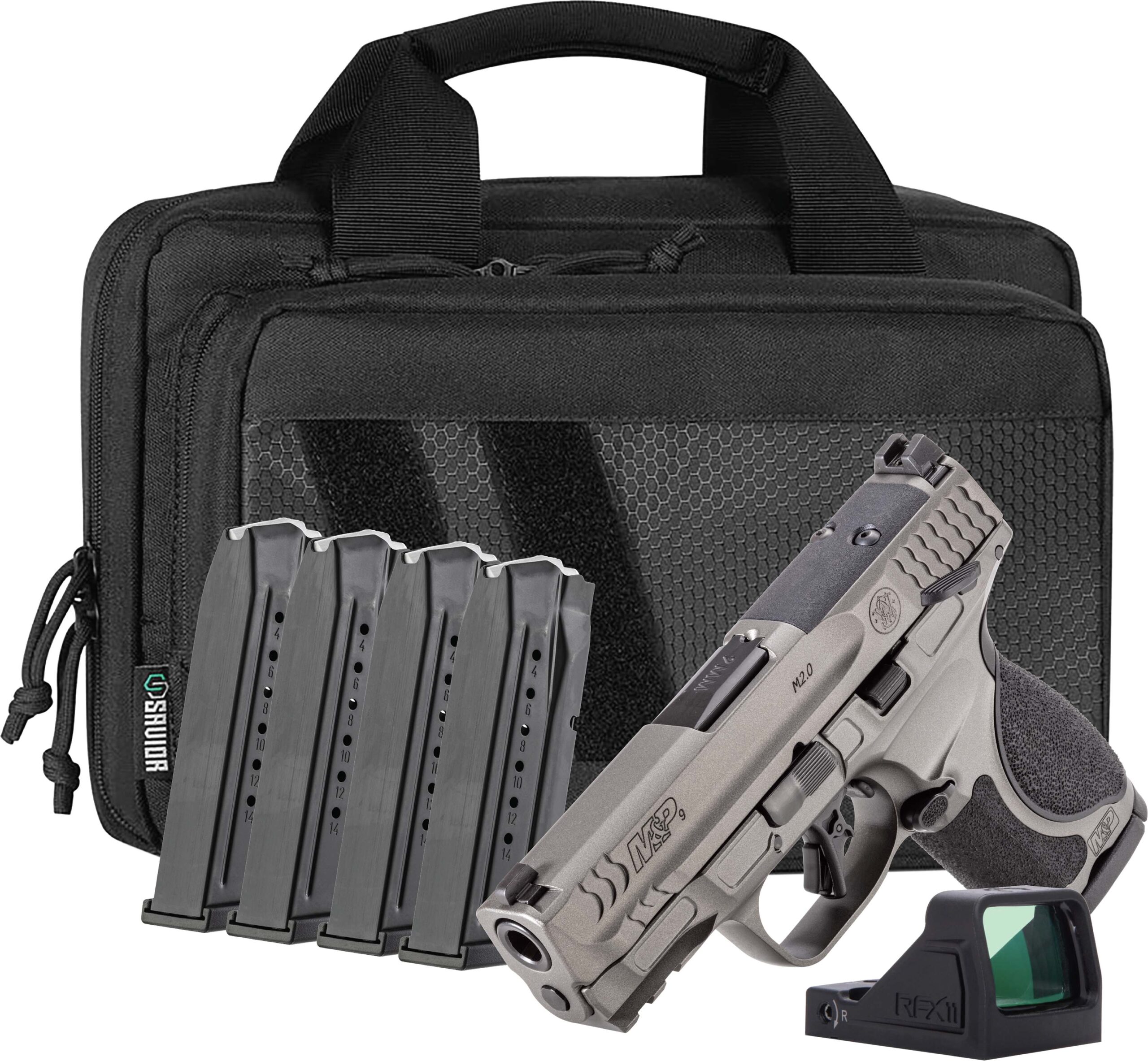 Handgun kit with magazines and accessory pouch.
