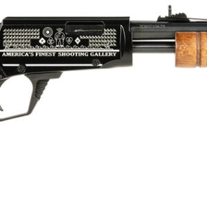 Side view of a wooden rifle with black details