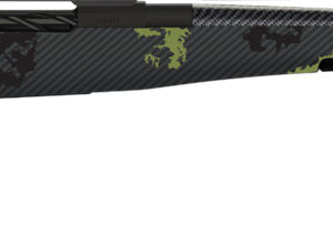 Camouflaged rifle with a sleek design.
