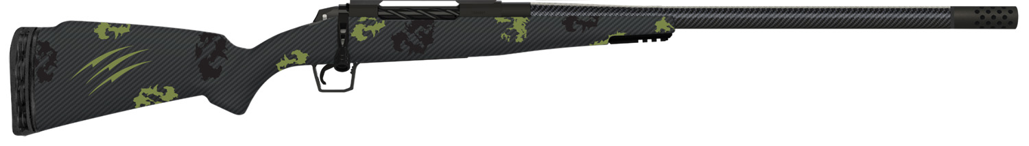 Camouflaged rifle with a sleek design.