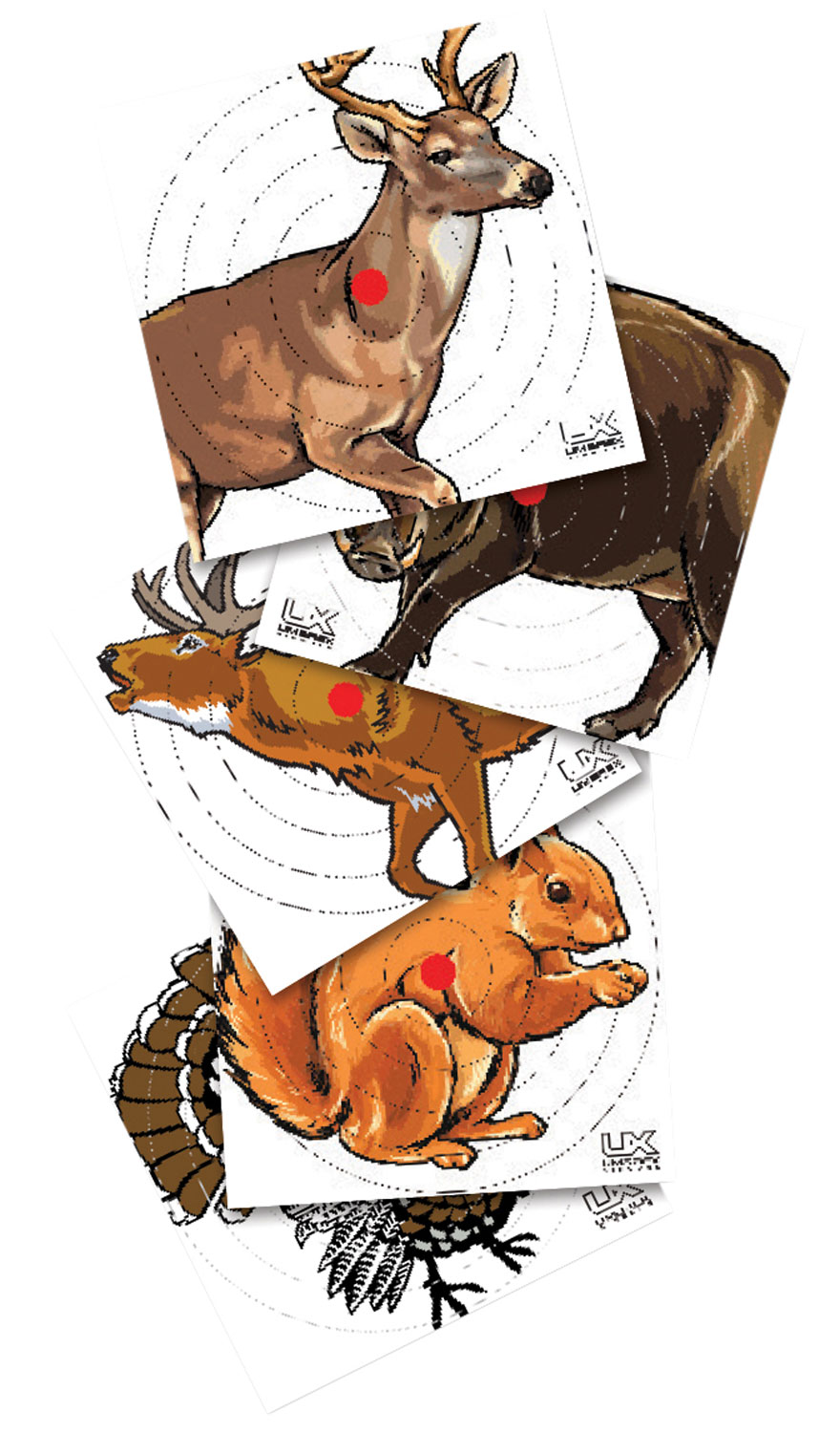 Illustrations of various animals on paper targets.