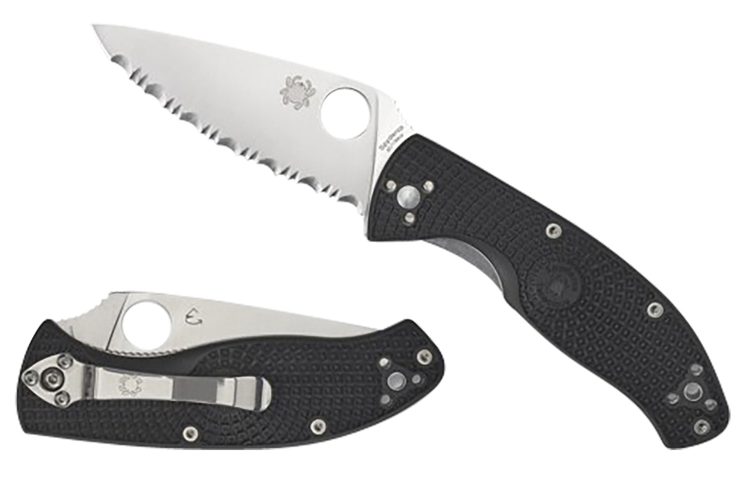 Black handled folding knife with serrated blade.