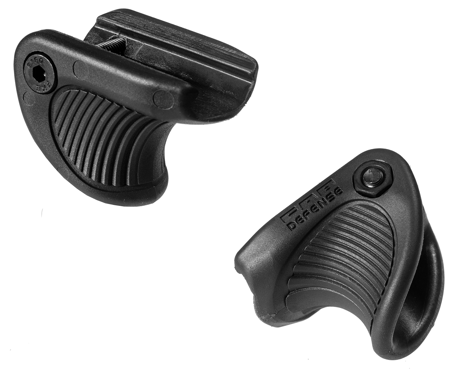 Two black firearm grips with textured surfaces.
