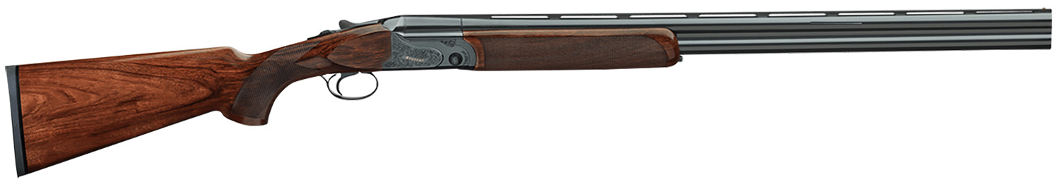 A side view of a double-barreled shotgun.