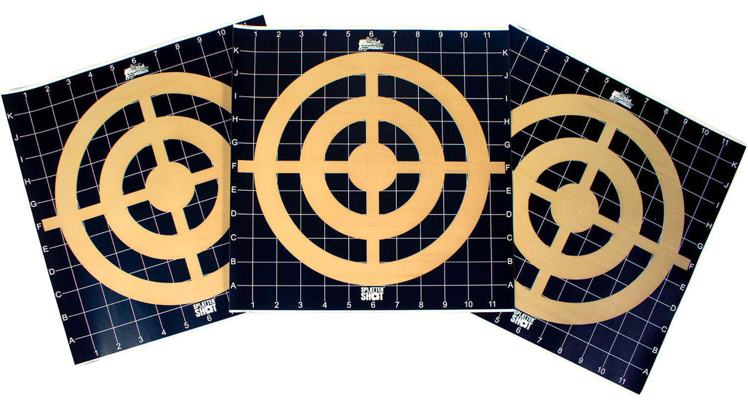 Three shooting target sheets with grid patterns.