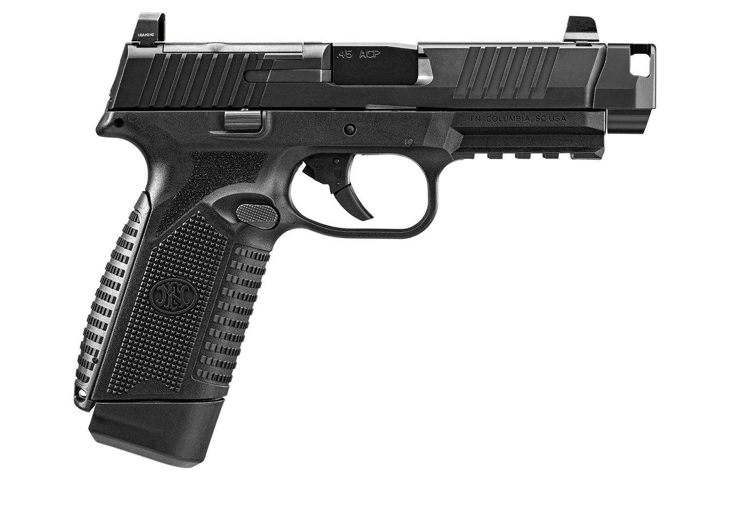 Black semi-automatic pistol with textured grip