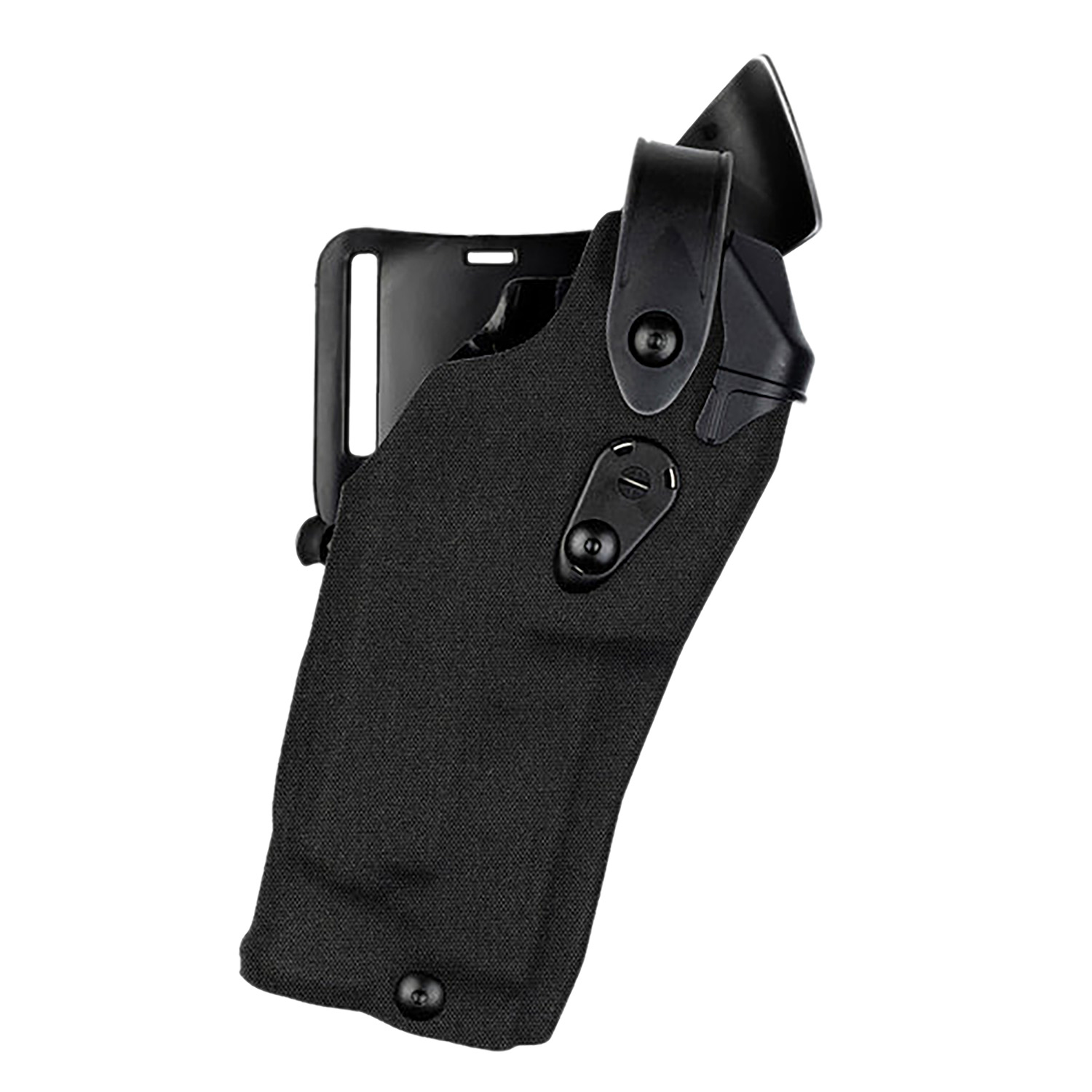 Black firearm holster with adjustable retention feature.