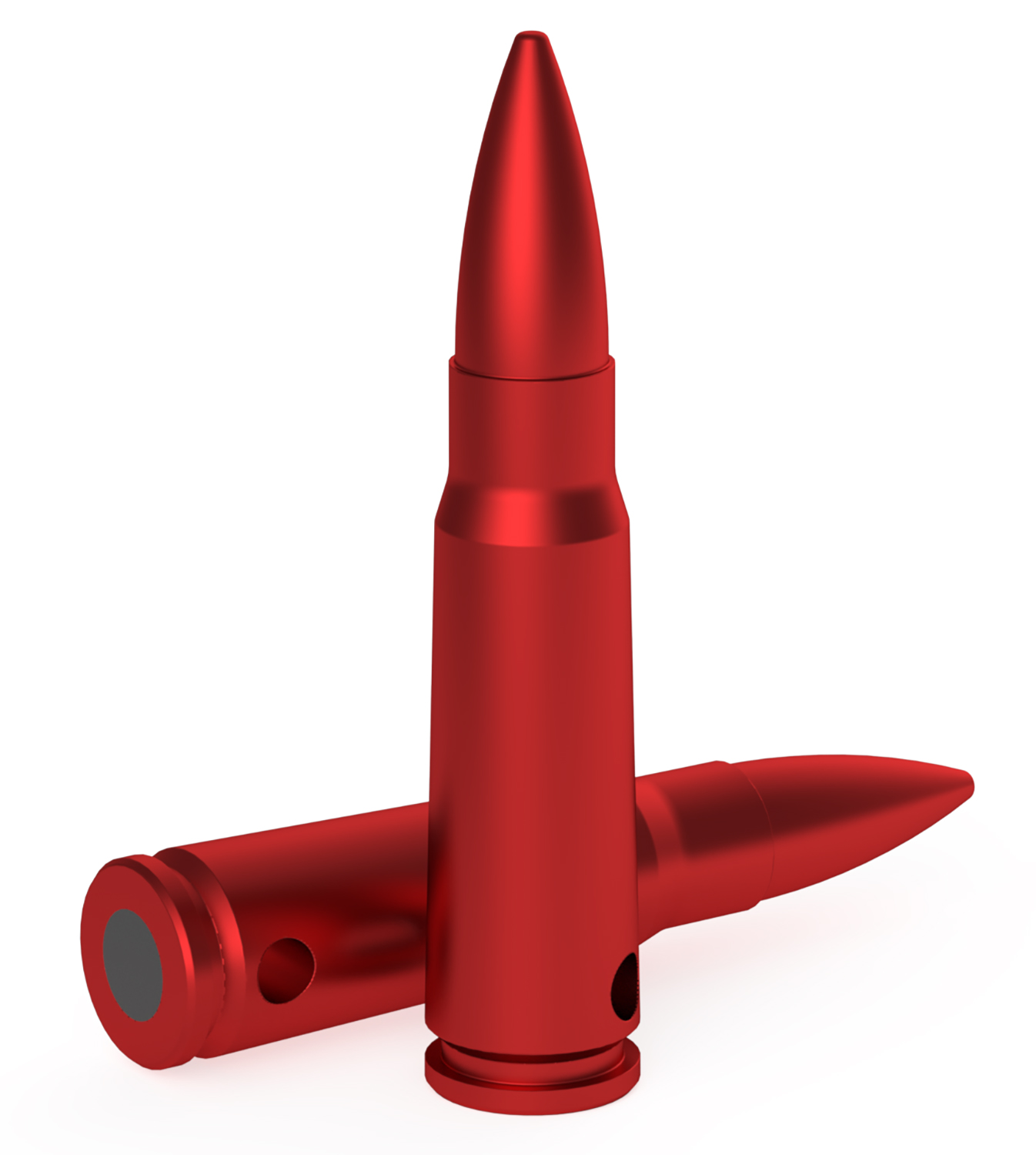 Two red metallic bullets on a white background.