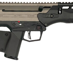 Side view of a modern firearm design.