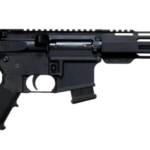 Side view of a modern firearm with suppressor.